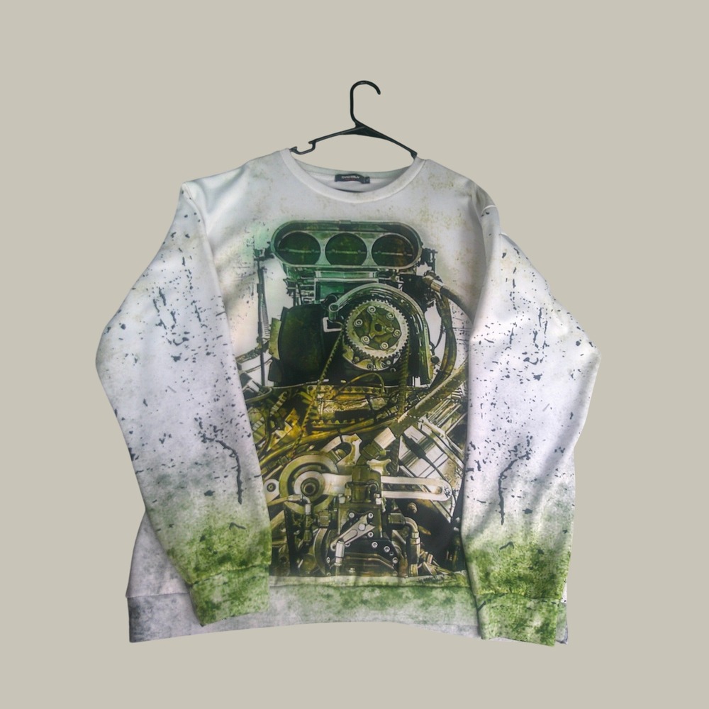 DYKHMILY Men's XL Engine Graphic Sweatshirt Green White Distressed Crewneck